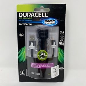 Duracell Car Charger w/ 6 ft Sync & Charge Cord 3.1 Amp Dual USB Ports  New!
